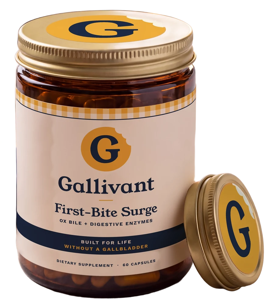 A jar of Gallivant First-Bite Surge with its gold lid beside it