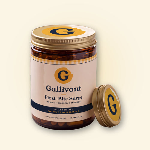 A jar of Gallivant First-Bite Surge with its gold lid beside it