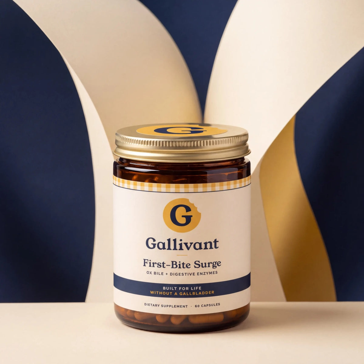 A jar of Gallivant First-Bite Surge: amber glass, gold lid, cream label