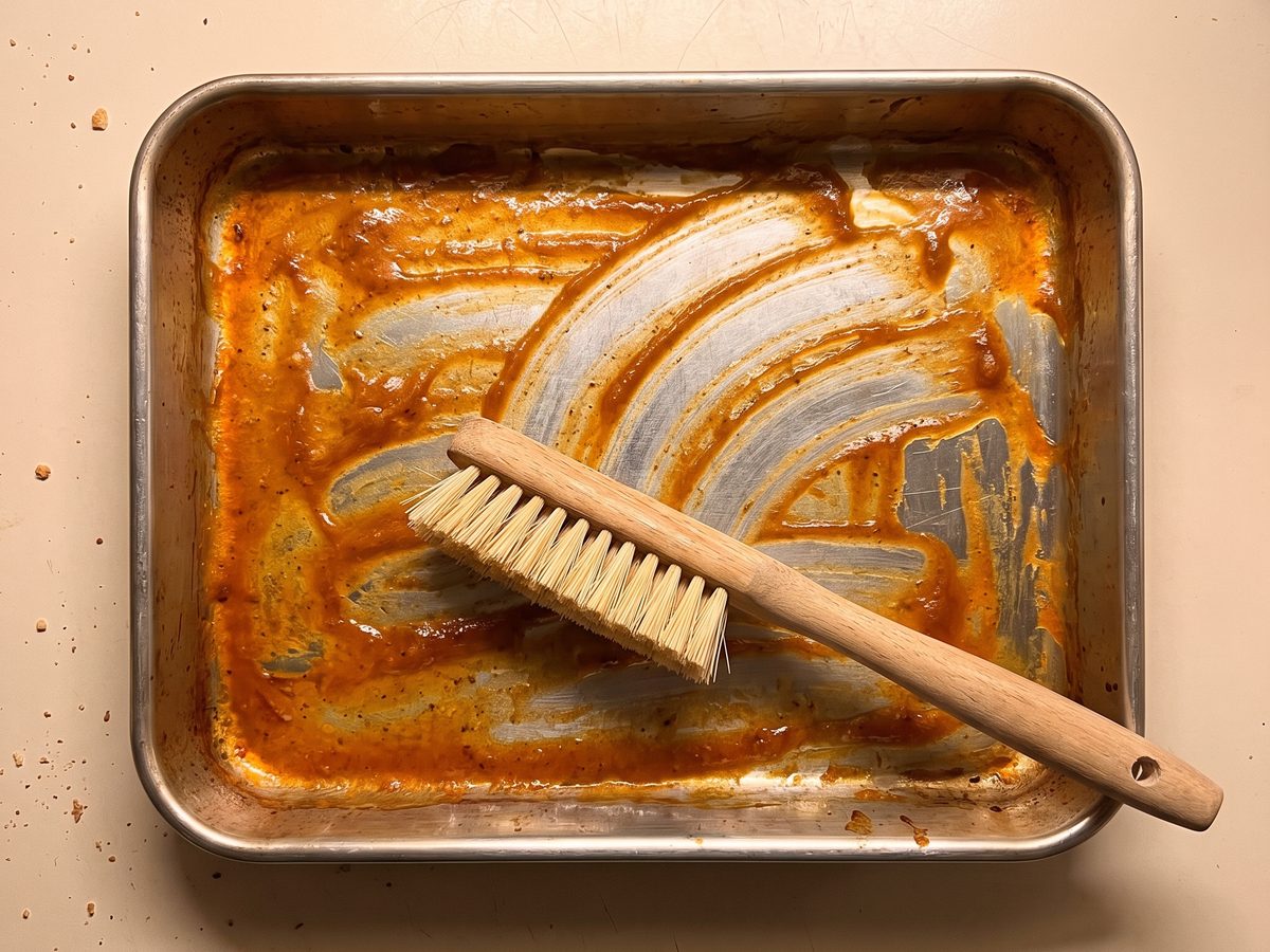 A dry scrub brush pushing grease around a roasting pan