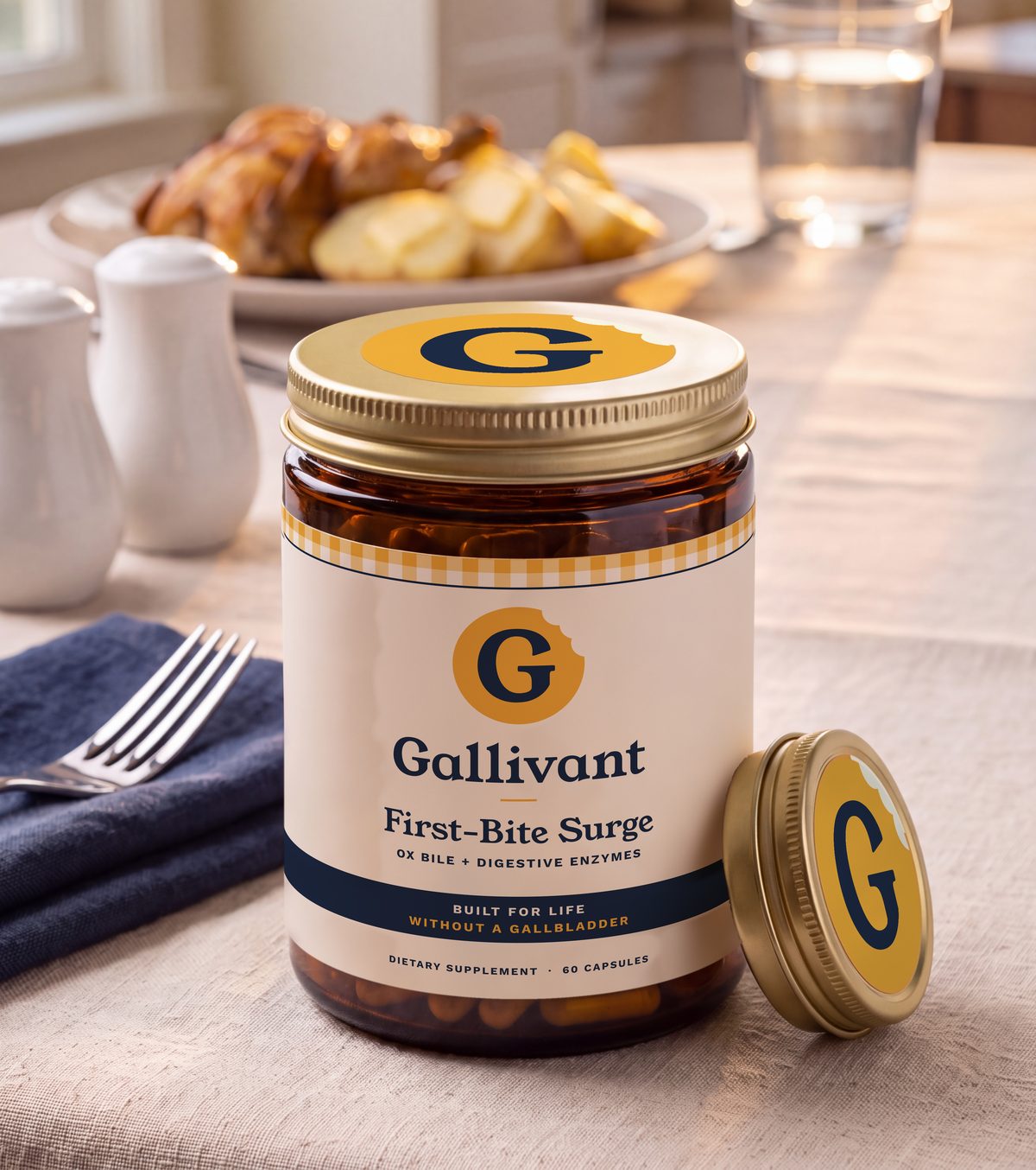A jar of Gallivant First-Bite Surge on a dinner table